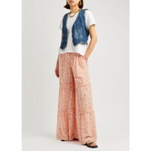 Free People Emmaline Tiered Floral Pull-On Pants Pant Peach Combo Size L